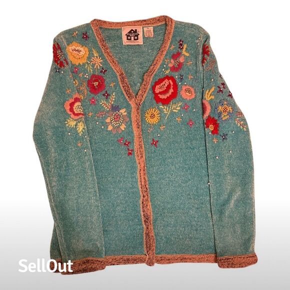 Storybook Knits Women's S Vintage Floral Embroidered Cardigan Sweater - Picture 1 of 7